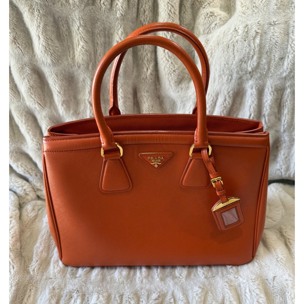 Prada Galleria Double Zip Tote Saffiano Lux Leather Papaya Orange Handbag